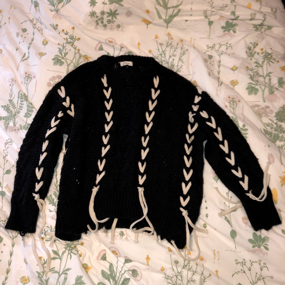 ELAN distressed lace up sweater